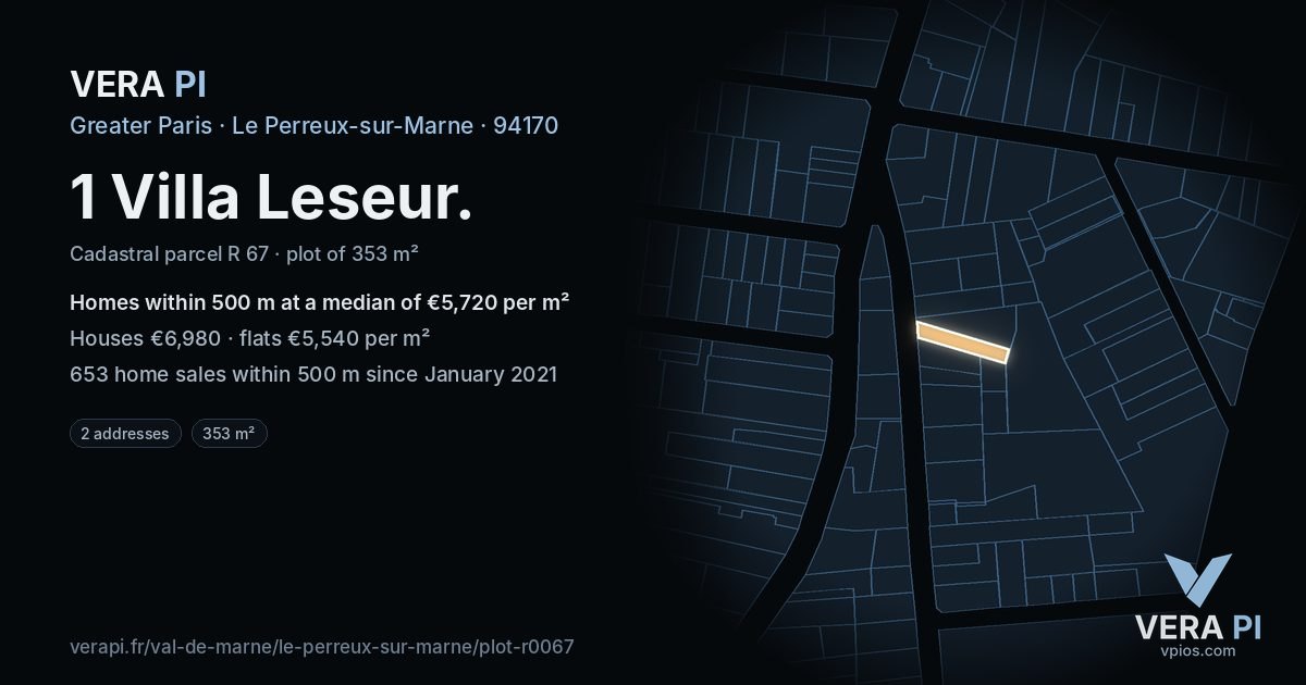 1 Villa Leseur, Le Perreux-sur-Marne at night – the plot lit, the parcels around coloured by the prices near them