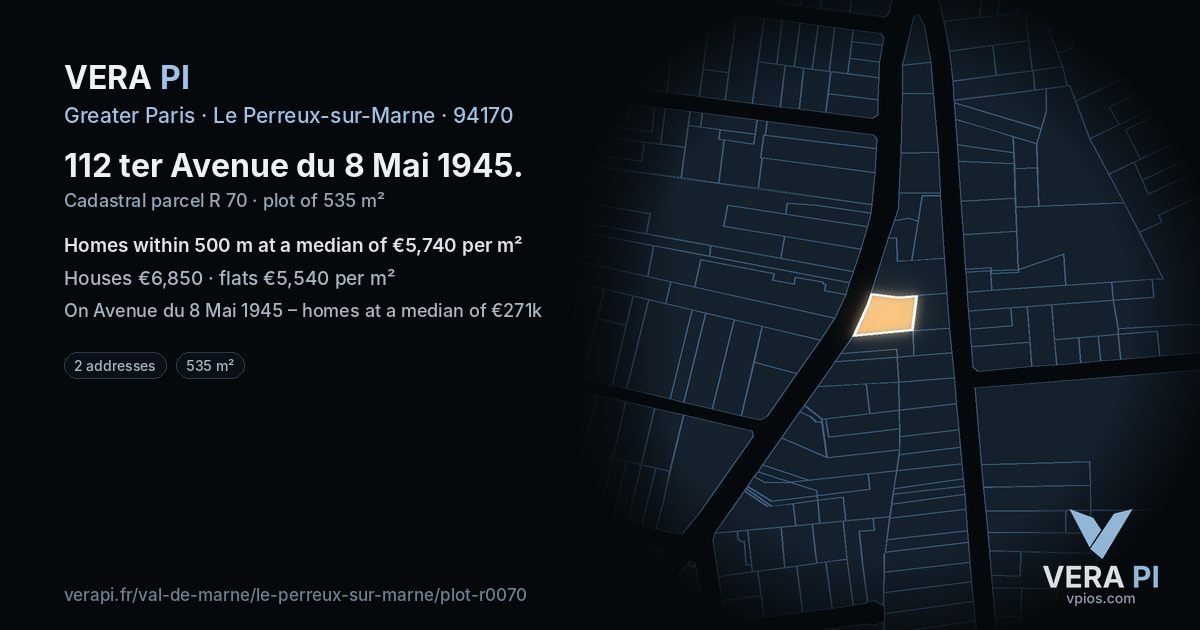 112 ter Avenue du 8 Mai 1945, Le Perreux-sur-Marne at night – the plot lit, the parcels around coloured by the prices near them