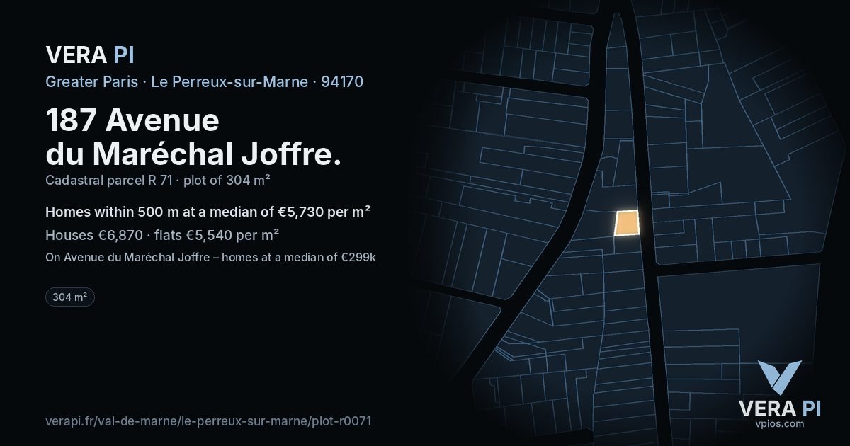 187 Avenue du Maréchal Joffre, Le Perreux-sur-Marne at night – the plot lit, the parcels around coloured by the prices near them