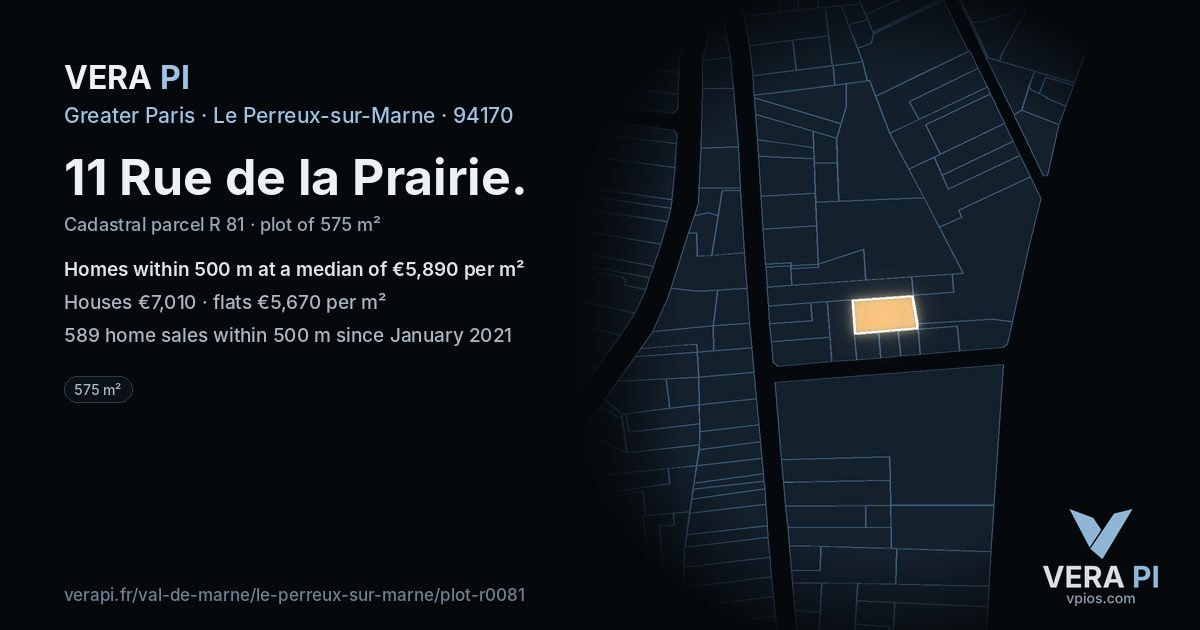 11 Rue de la Prairie, Le Perreux-sur-Marne at night – the plot lit, the parcels around coloured by the prices near them