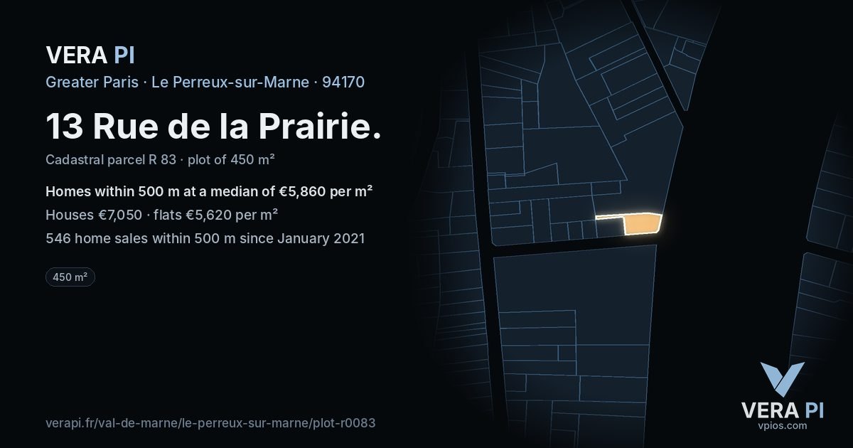13 Rue de la Prairie, Le Perreux-sur-Marne at night – the plot lit, the parcels around coloured by the prices near them