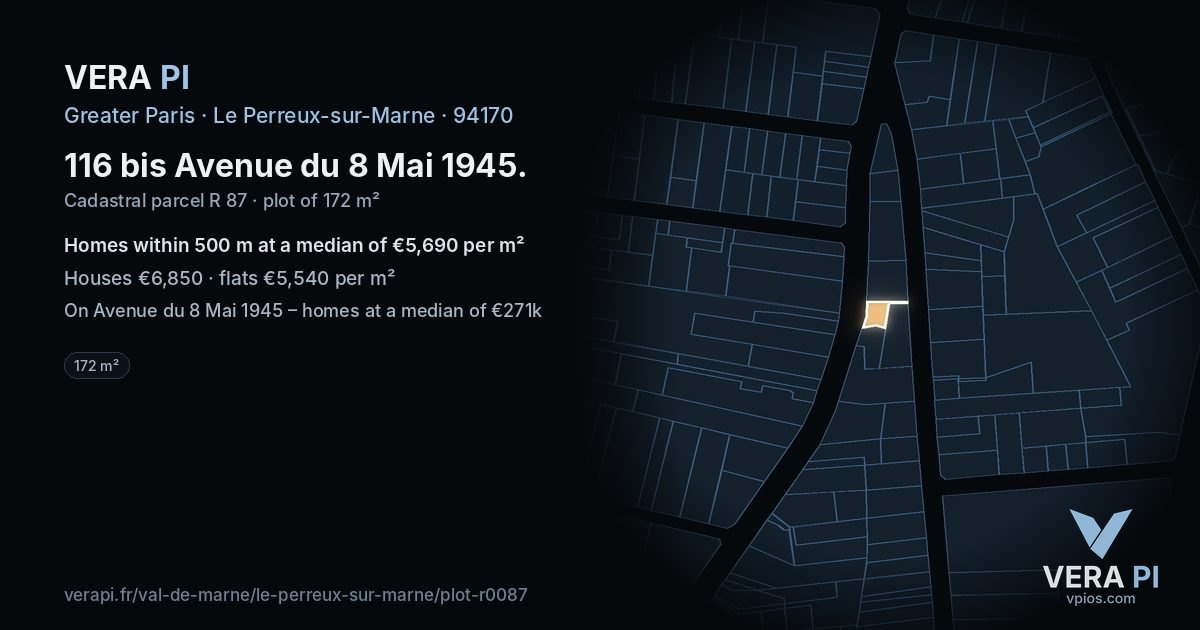 116 bis Avenue du 8 Mai 1945, Le Perreux-sur-Marne at night – the plot lit, the parcels around coloured by the prices near them