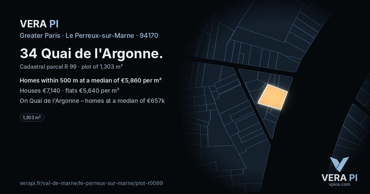 34 Quai de l'Argonne, Le Perreux-sur-Marne at night – the plot lit, the parcels around coloured by the prices near them