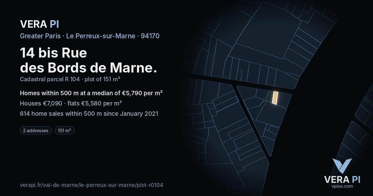 14 bis Rue des Bords de Marne, Le Perreux-sur-Marne at night – the plot lit, the parcels around coloured by the prices near them