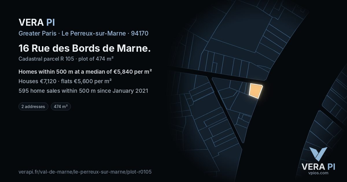16 Rue des Bords de Marne, Le Perreux-sur-Marne at night – the plot lit, the parcels around coloured by the prices near them