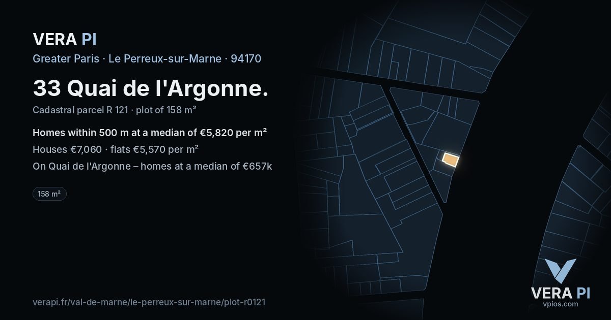 33 Quai de l'Argonne, Le Perreux-sur-Marne at night – the plot lit, the parcels around coloured by the prices near them