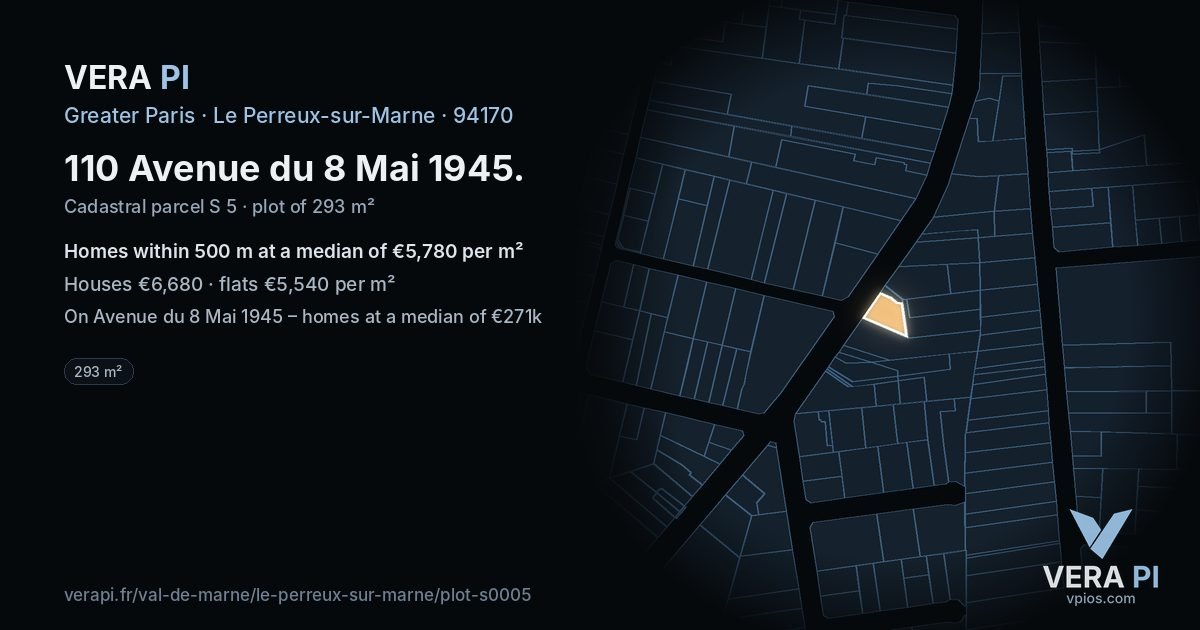 110 Avenue du 8 Mai 1945, Le Perreux-sur-Marne at night – the plot lit, the parcels around coloured by the prices near them