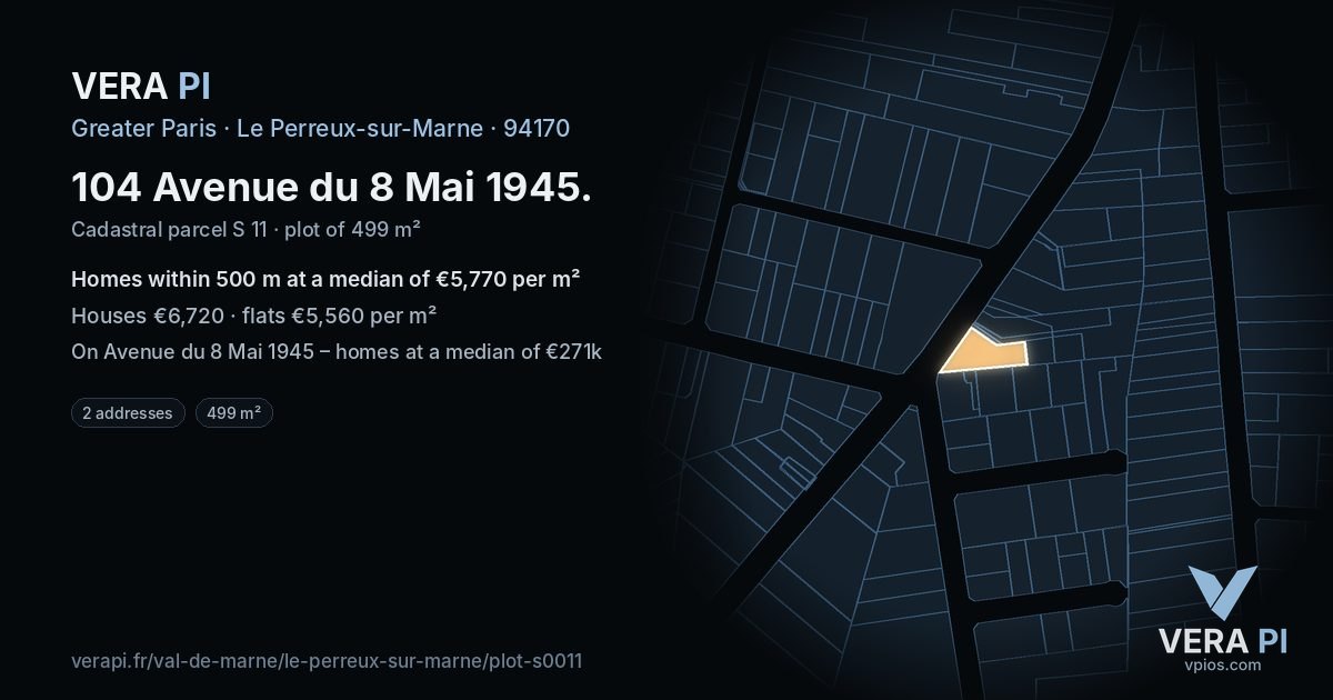 104 Avenue du 8 Mai 1945, Le Perreux-sur-Marne at night – the plot lit, the parcels around coloured by the prices near them