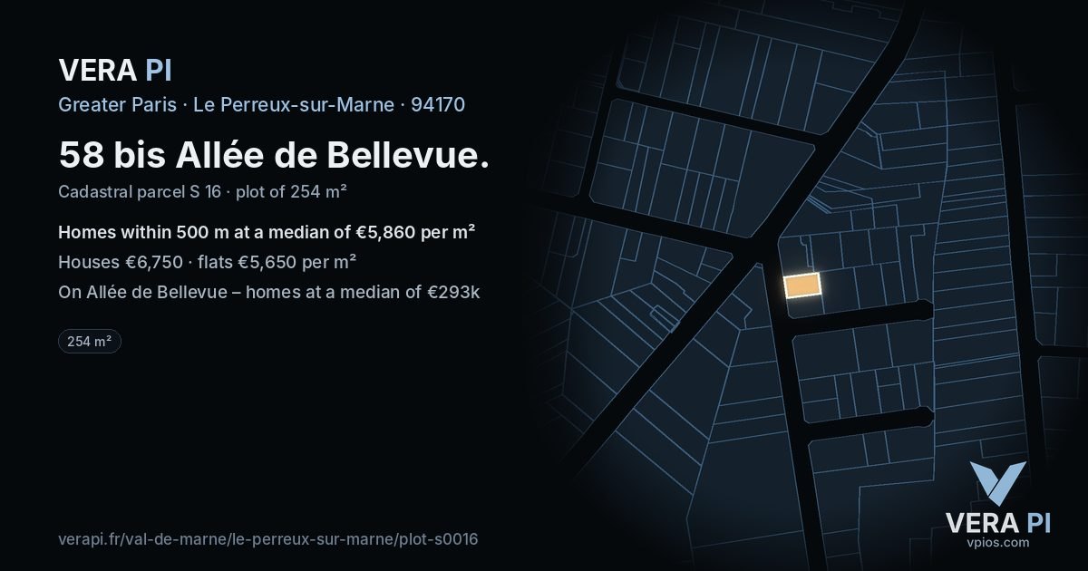 58 bis Allée de Bellevue, Le Perreux-sur-Marne at night – the plot lit, the parcels around coloured by the prices near them