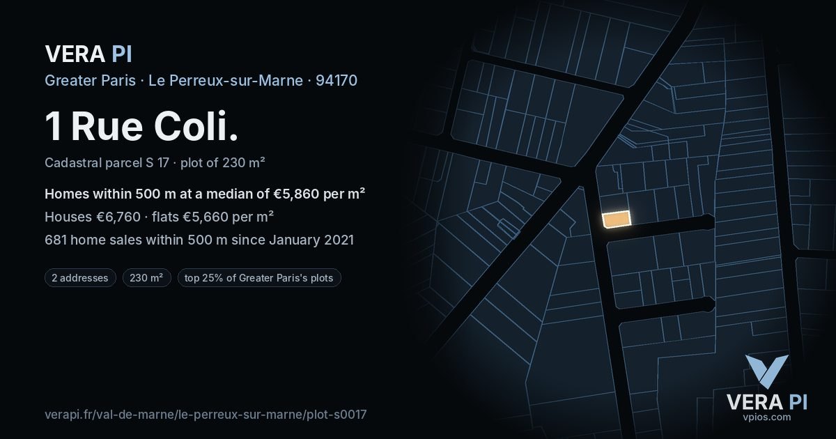 1 Rue Coli, Le Perreux-sur-Marne at night – the plot lit, the parcels around coloured by the prices near them