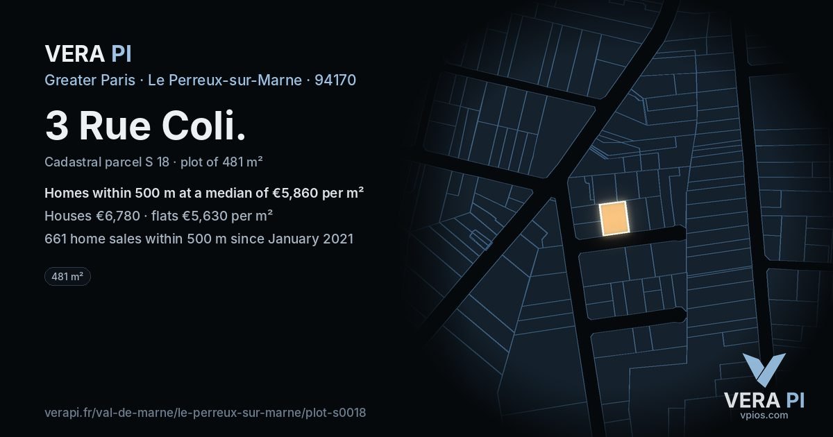 3 Rue Coli, Le Perreux-sur-Marne at night – the plot lit, the parcels around coloured by the prices near them