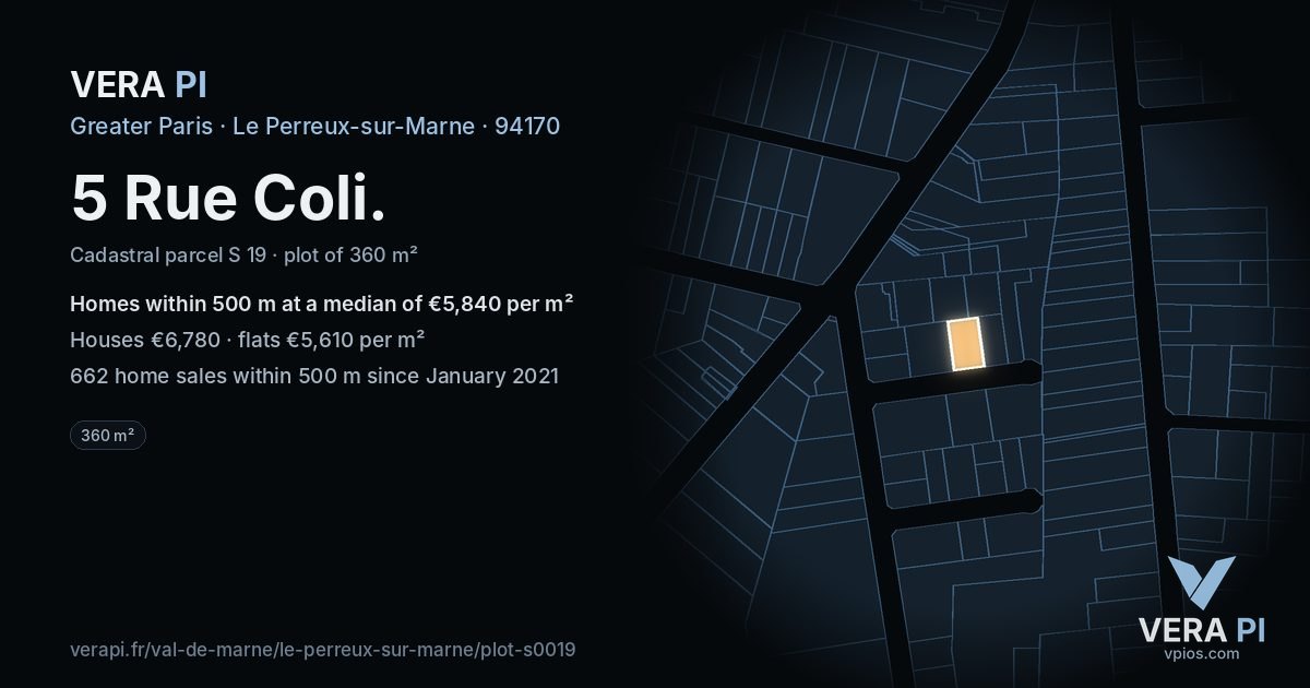 5 Rue Coli, Le Perreux-sur-Marne at night – the plot lit, the parcels around coloured by the prices near them