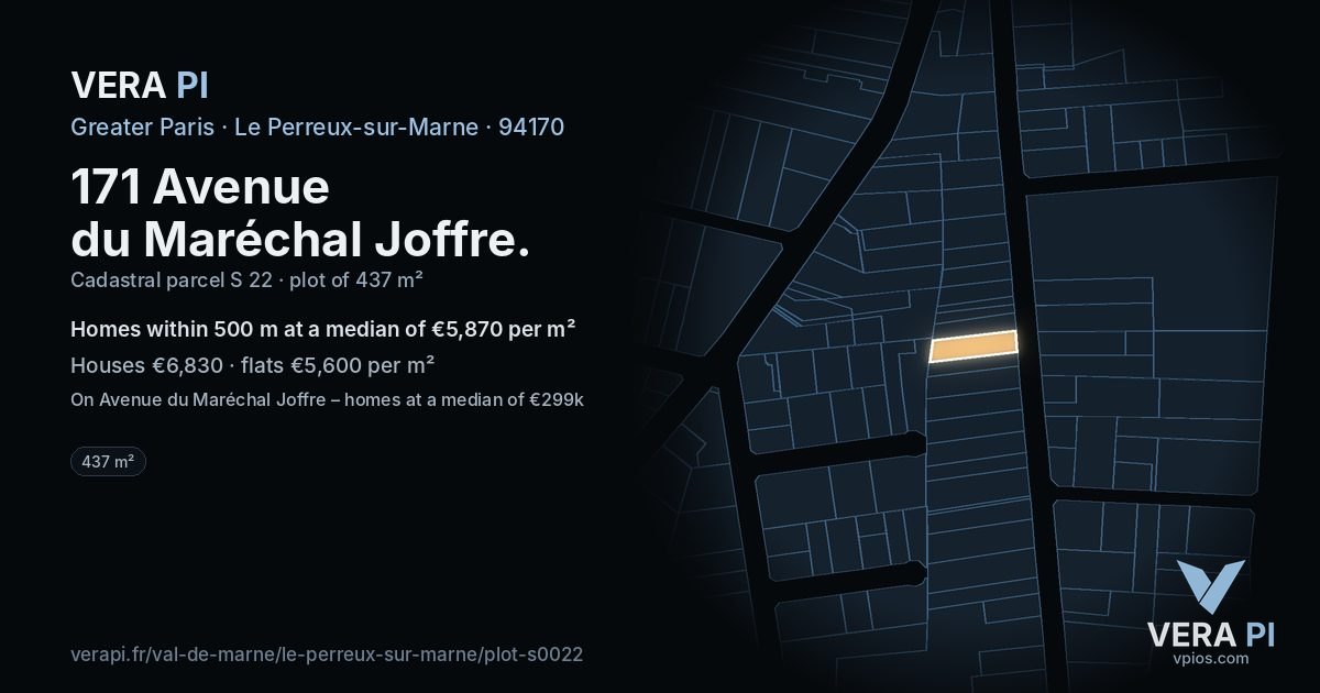 171 Avenue du Maréchal Joffre, Le Perreux-sur-Marne at night – the plot lit, the parcels around coloured by the prices near them