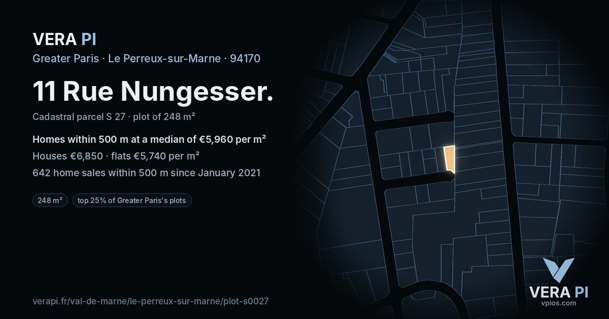11 Rue Nungesser, Le Perreux-sur-Marne at night – the plot lit, the parcels around coloured by the prices near them