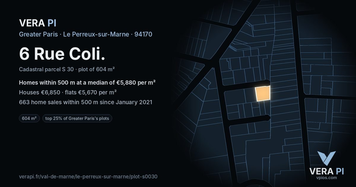 6 Rue Coli, Le Perreux-sur-Marne at night – the plot lit, the parcels around coloured by the prices near them