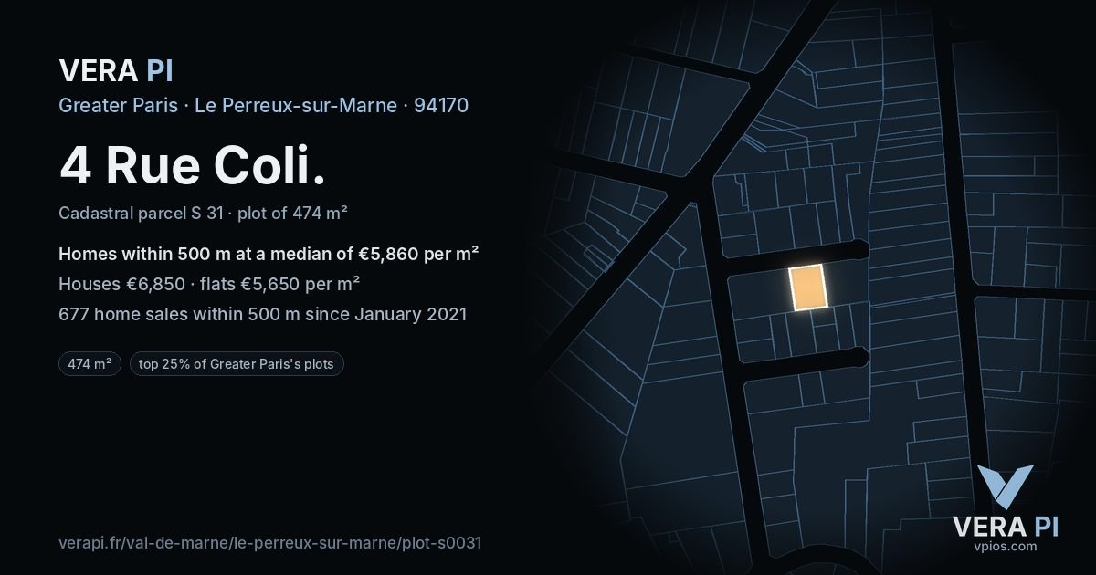 4 Rue Coli, Le Perreux-sur-Marne at night – the plot lit, the parcels around coloured by the prices near them