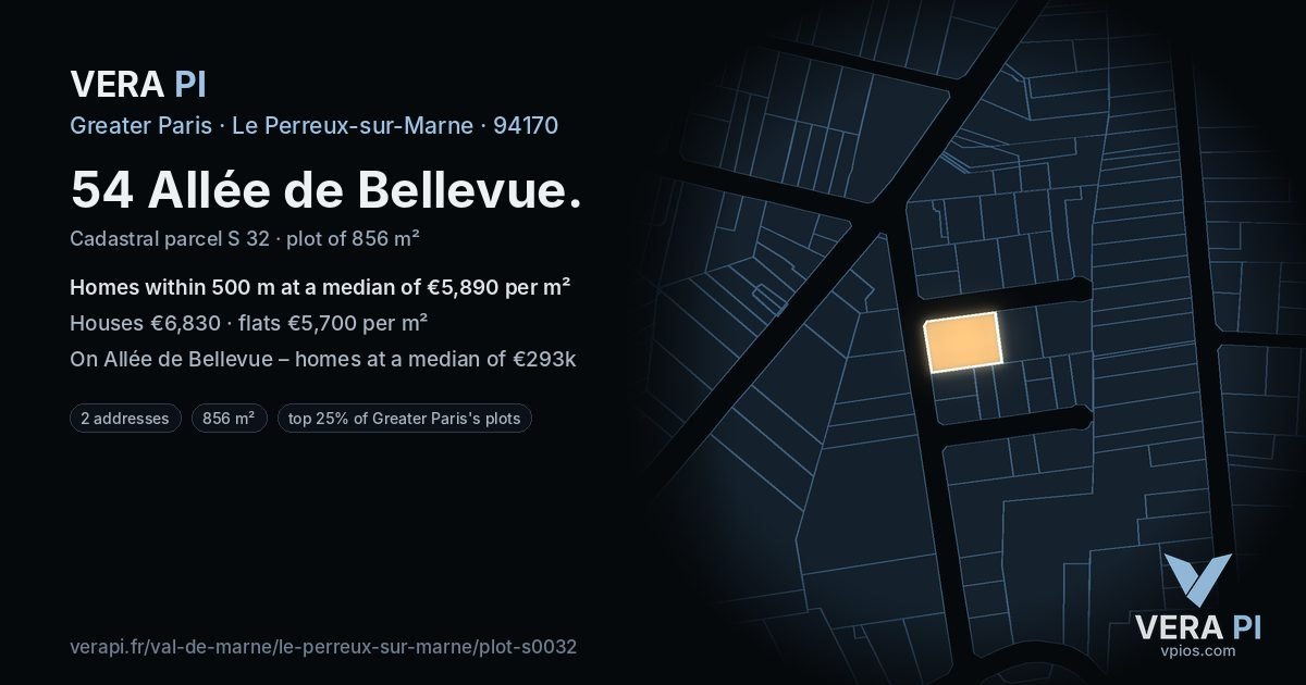 54 Allée de Bellevue, Le Perreux-sur-Marne at night – the plot lit, the parcels around coloured by the prices near them