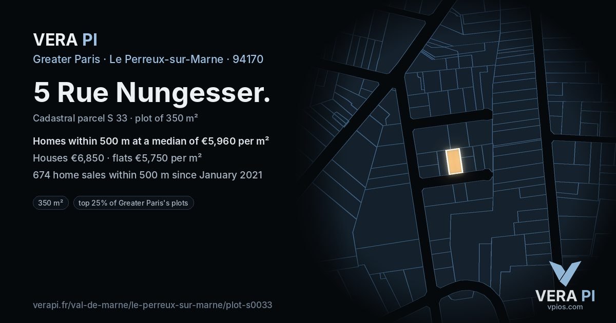 5 Rue Nungesser, Le Perreux-sur-Marne at night – the plot lit, the parcels around coloured by the prices near them