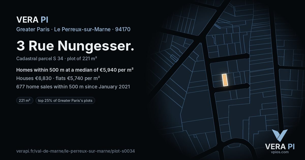 3 Rue Nungesser, Le Perreux-sur-Marne at night – the plot lit, the parcels around coloured by the prices near them