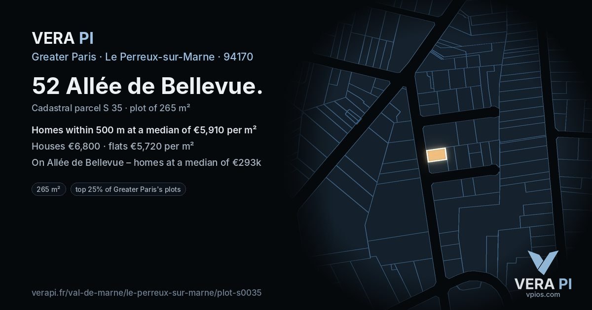 52 Allée de Bellevue, Le Perreux-sur-Marne at night – the plot lit, the parcels around coloured by the prices near them