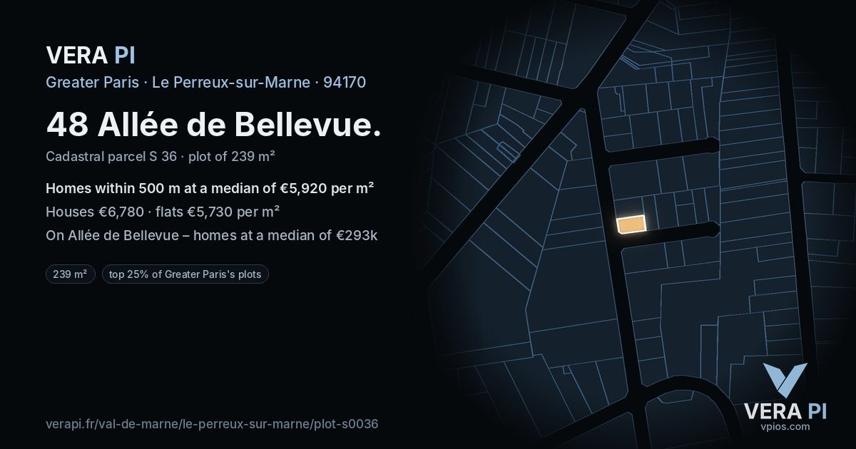 48 Allée de Bellevue, Le Perreux-sur-Marne at night – the plot lit, the parcels around coloured by the prices near them