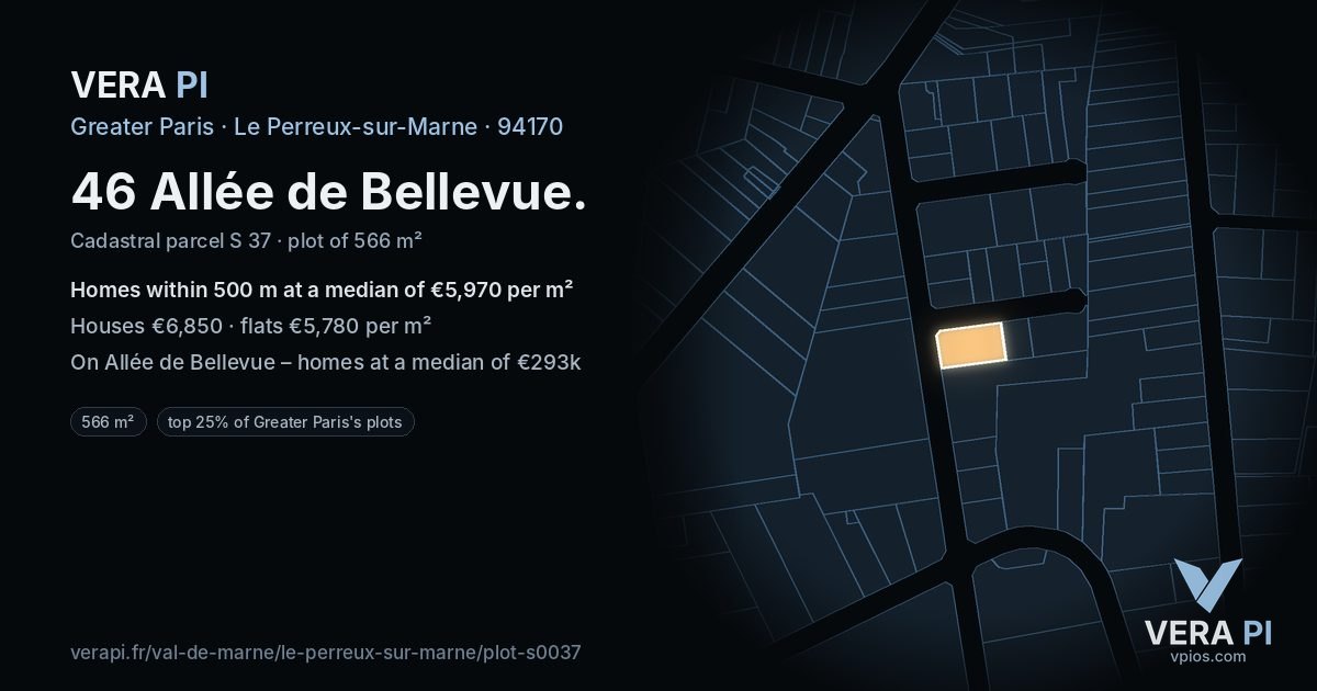 46 Allée de Bellevue, Le Perreux-sur-Marne at night – the plot lit, the parcels around coloured by the prices near them