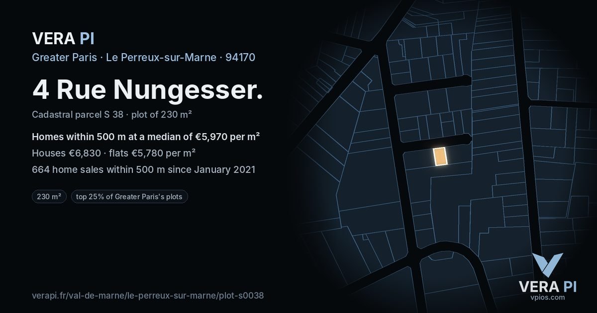 4 Rue Nungesser, Le Perreux-sur-Marne at night – the plot lit, the parcels around coloured by the prices near them