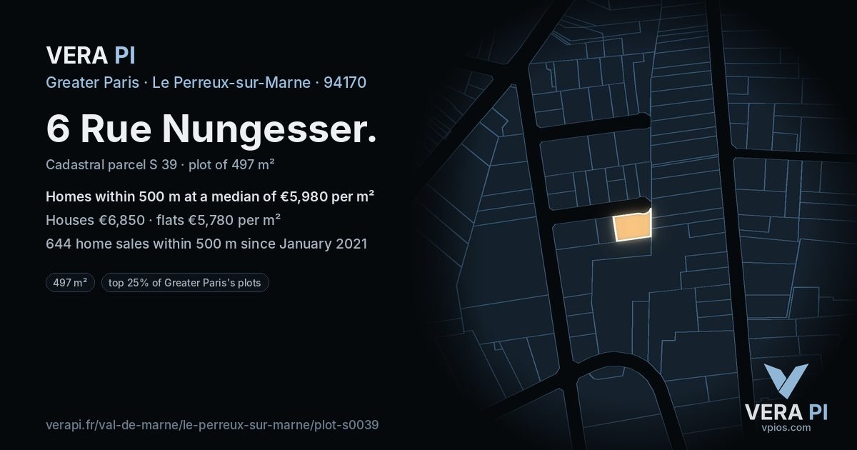6 Rue Nungesser, Le Perreux-sur-Marne at night – the plot lit, the parcels around coloured by the prices near them
