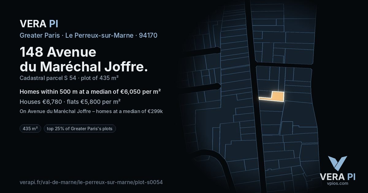 148 Avenue du Maréchal Joffre, Le Perreux-sur-Marne at night – the plot lit, the parcels around coloured by the prices near them