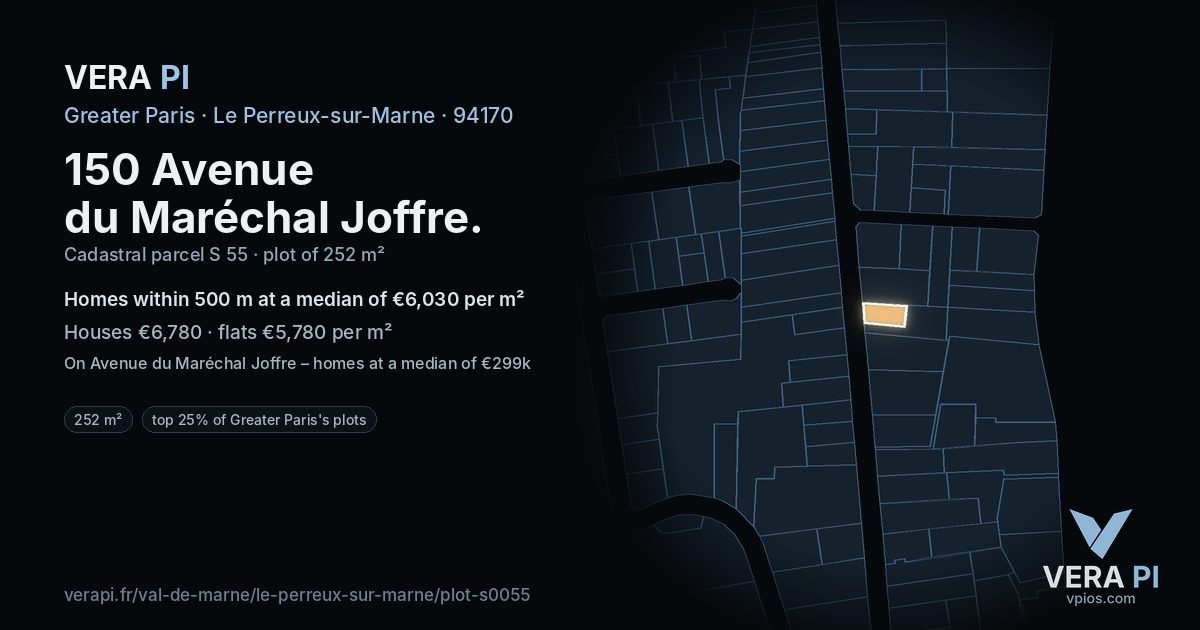 150 Avenue du Maréchal Joffre, Le Perreux-sur-Marne at night – the plot lit, the parcels around coloured by the prices near them