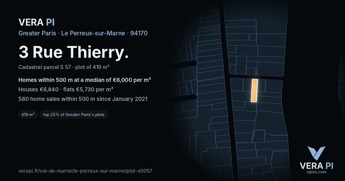 3 Rue Thierry, Le Perreux-sur-Marne at night – the plot lit, the parcels around coloured by the prices near them