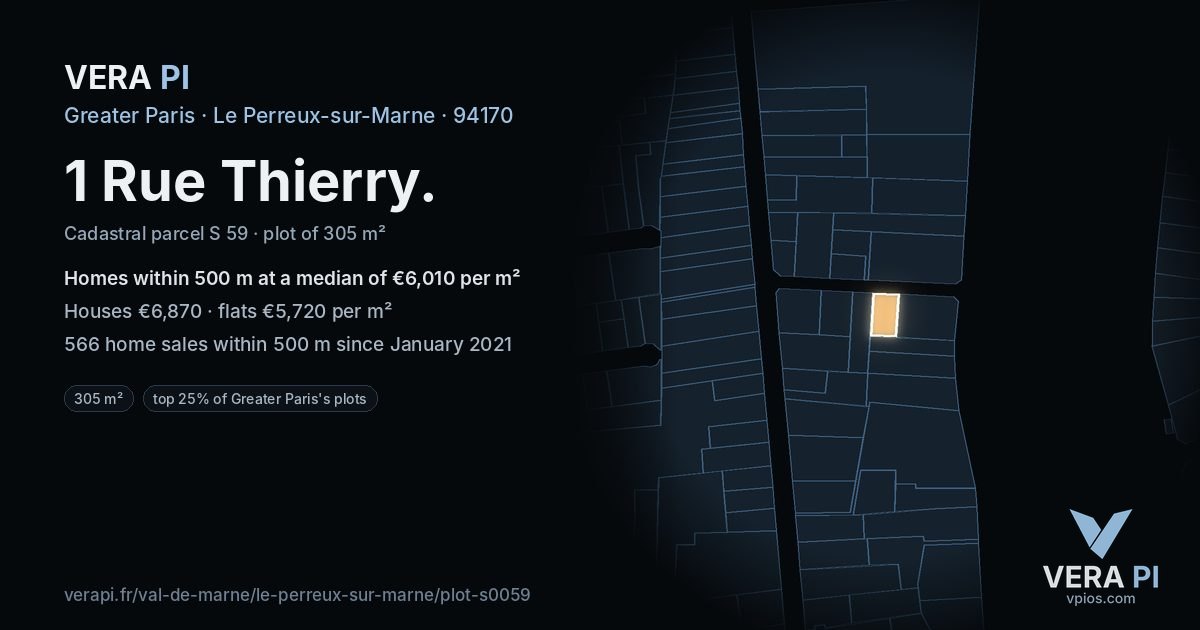 1 Rue Thierry, Le Perreux-sur-Marne at night – the plot lit, the parcels around coloured by the prices near them