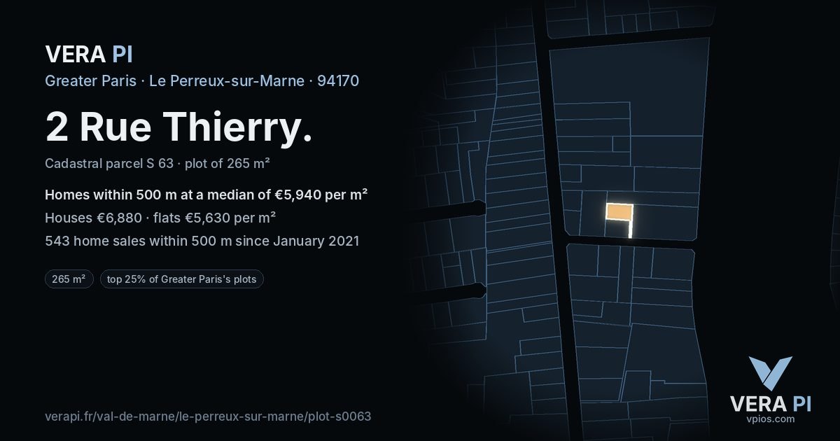 2 Rue Thierry, Le Perreux-sur-Marne at night – the plot lit, the parcels around coloured by the prices near them
