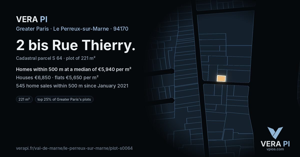 2 bis Rue Thierry, Le Perreux-sur-Marne at night – the plot lit, the parcels around coloured by the prices near them
