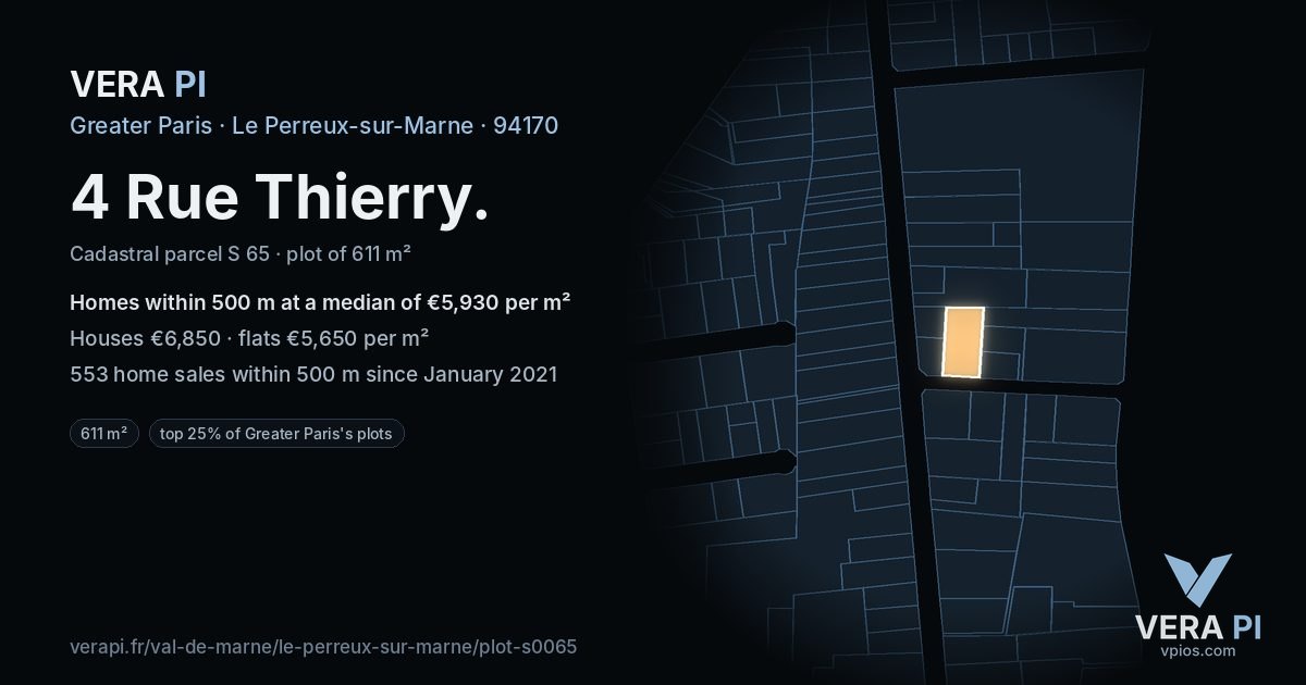 4 Rue Thierry, Le Perreux-sur-Marne at night – the plot lit, the parcels around coloured by the prices near them