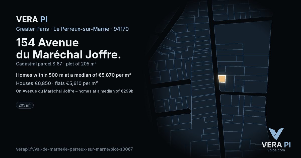 154 Avenue du Maréchal Joffre, Le Perreux-sur-Marne at night – the plot lit, the parcels around coloured by the prices near them