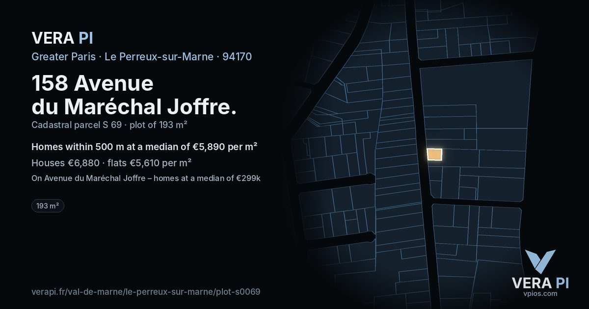 158 Avenue du Maréchal Joffre, Le Perreux-sur-Marne at night – the plot lit, the parcels around coloured by the prices near them