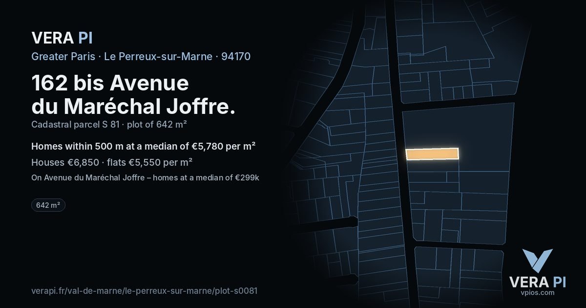 162 bis Avenue du Maréchal Joffre, Le Perreux-sur-Marne at night – the plot lit, the parcels around coloured by the prices near them