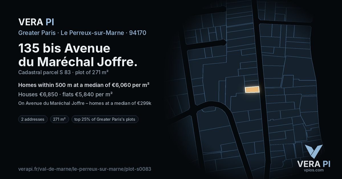 135 bis Avenue du Maréchal Joffre, Le Perreux-sur-Marne at night – the plot lit, the parcels around coloured by the prices near them