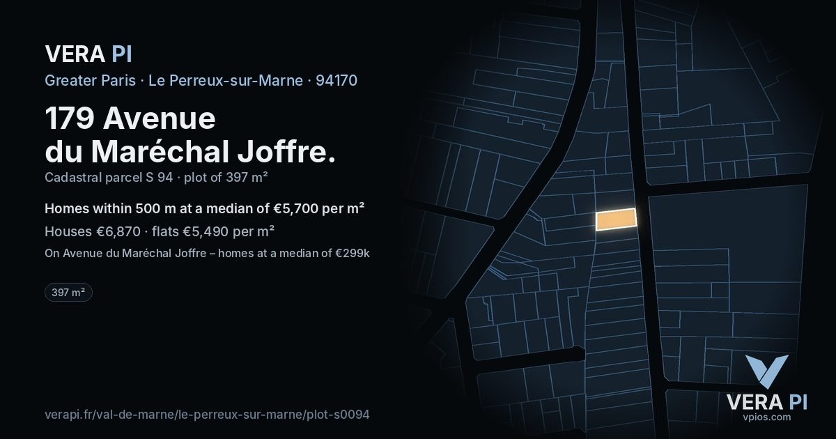 179 Avenue du Maréchal Joffre, Le Perreux-sur-Marne at night – the plot lit, the parcels around coloured by the prices near them