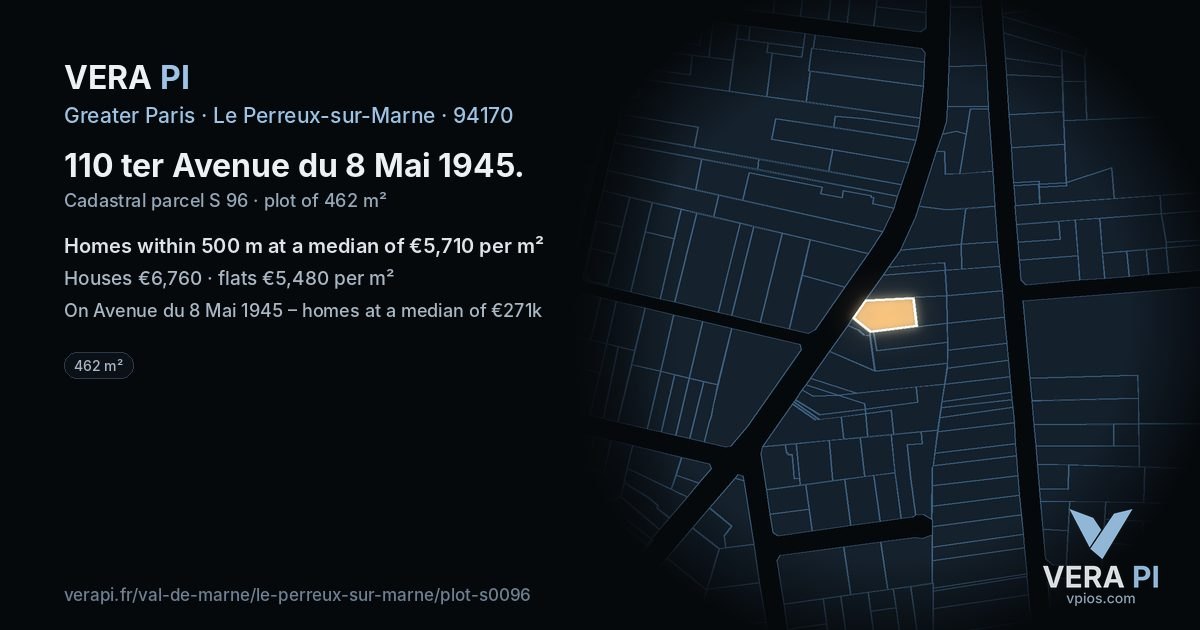 110 ter Avenue du 8 Mai 1945, Le Perreux-sur-Marne at night – the plot lit, the parcels around coloured by the prices near them