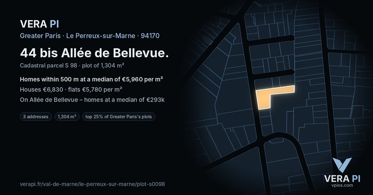 44 bis Allée de Bellevue, Le Perreux-sur-Marne at night – the plot lit, the parcels around coloured by the prices near them