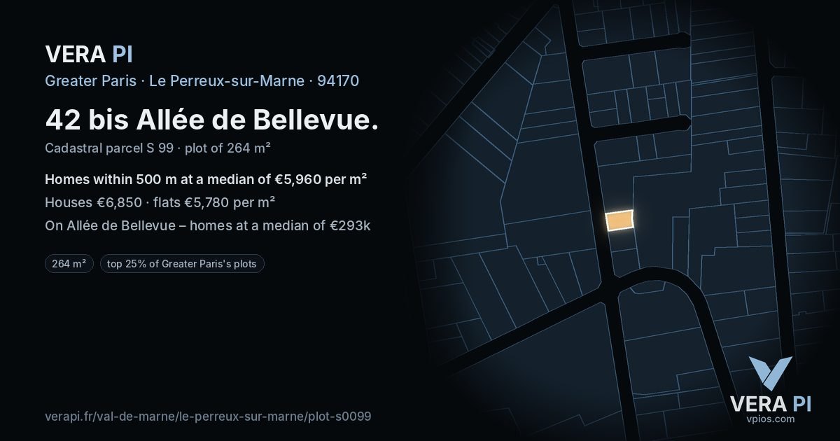42 bis Allée de Bellevue, Le Perreux-sur-Marne at night – the plot lit, the parcels around coloured by the prices near them