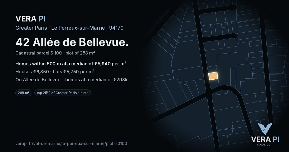 42 Allée de Bellevue, Le Perreux-sur-Marne at night – the plot lit, the parcels around coloured by the prices near them