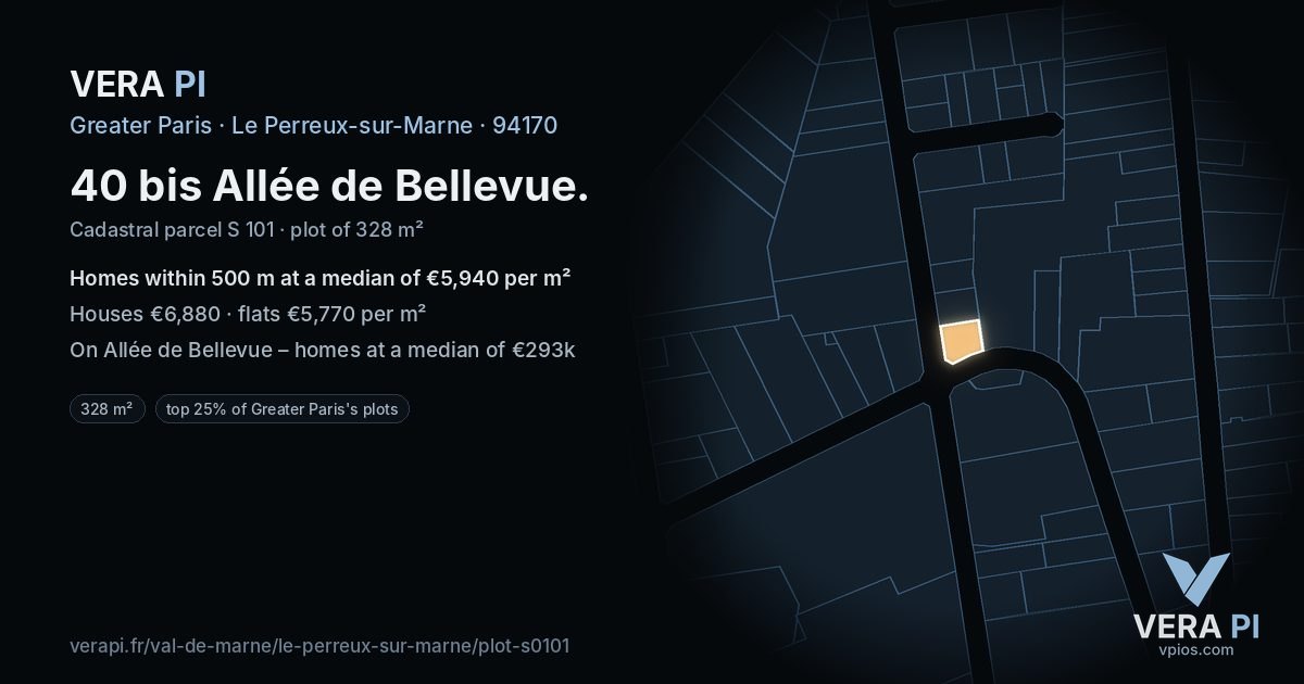 40 bis Allée de Bellevue, Le Perreux-sur-Marne at night – the plot lit, the parcels around coloured by the prices near them