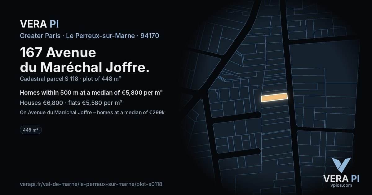 167 Avenue du Maréchal Joffre, Le Perreux-sur-Marne at night – the plot lit, the parcels around coloured by the prices near them