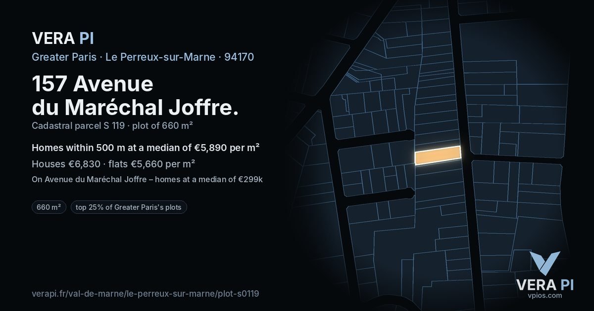 157 Avenue du Maréchal Joffre, Le Perreux-sur-Marne at night – the plot lit, the parcels around coloured by the prices near them