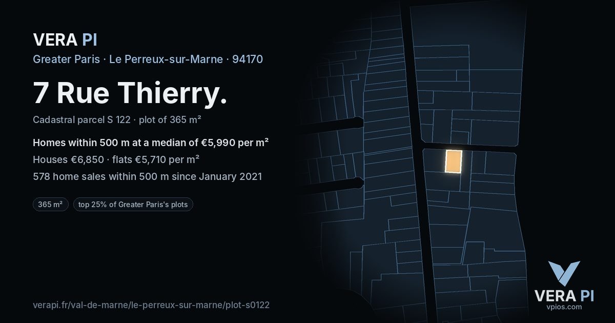 7 Rue Thierry, Le Perreux-sur-Marne at night – the plot lit, the parcels around coloured by the prices near them
