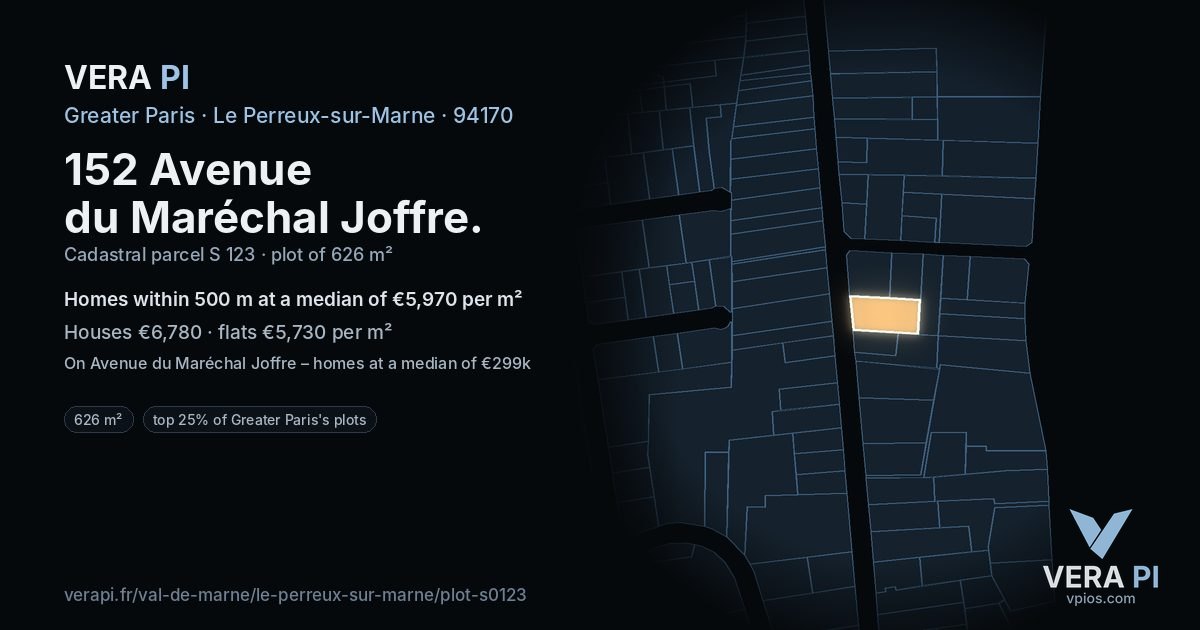 152 Avenue du Maréchal Joffre, Le Perreux-sur-Marne at night – the plot lit, the parcels around coloured by the prices near them