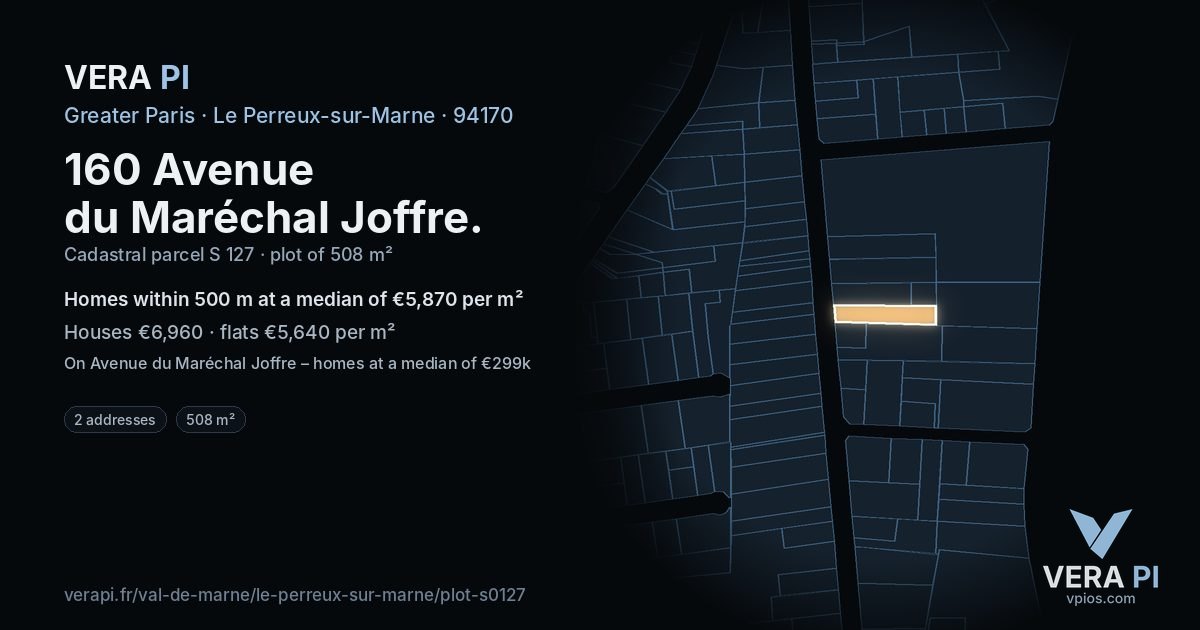 160 Avenue du Maréchal Joffre, Le Perreux-sur-Marne at night – the plot lit, the parcels around coloured by the prices near them